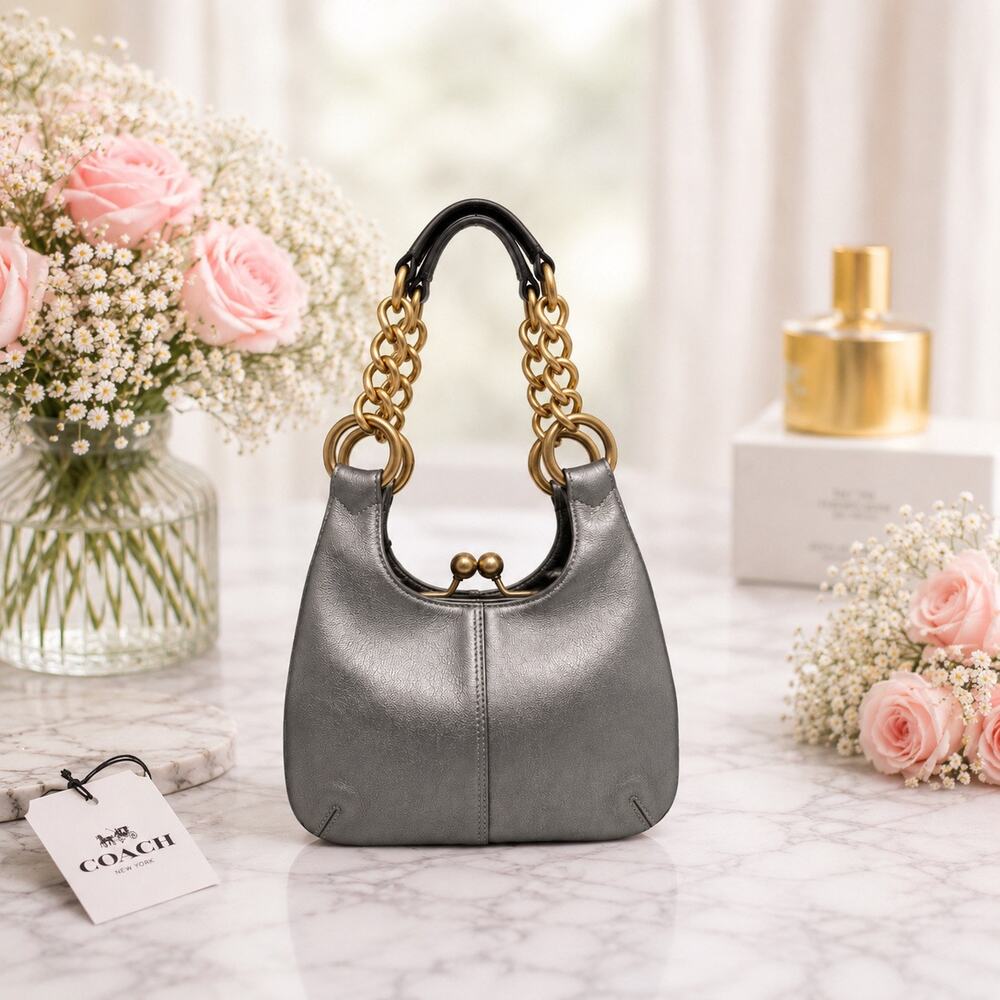Coach Madison Limited Edition Silver Metallic Kisslock Chain Bag